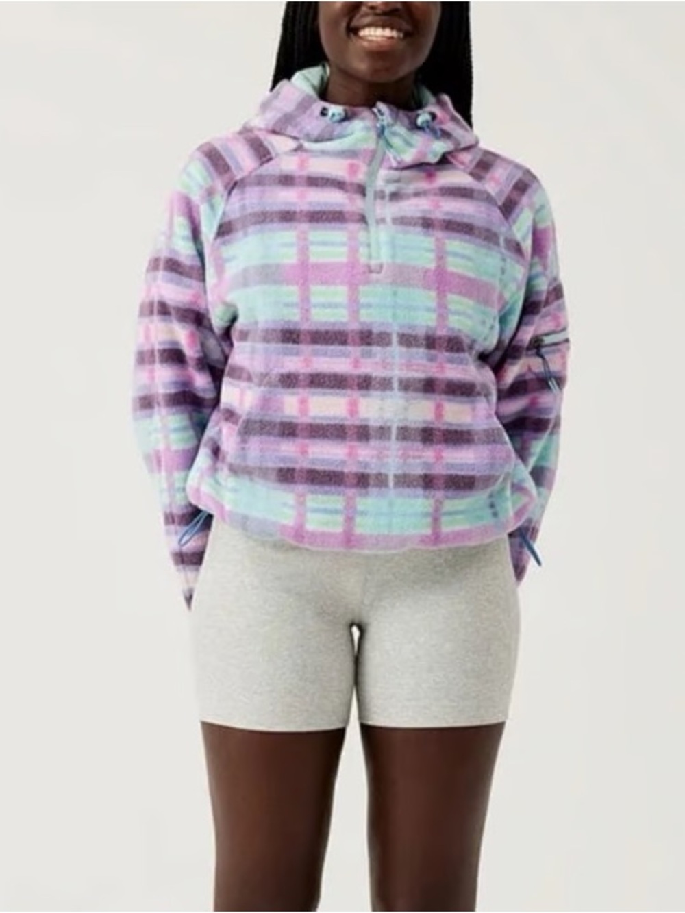 Outdoor Voices Primofleece Quarter Zip Plaid Hooded Pullover Women’s Size Medium